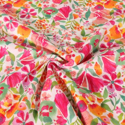 Tissu Voile de Coton digital Motif floral coloré sur fond Blanc - Par 10 cm
