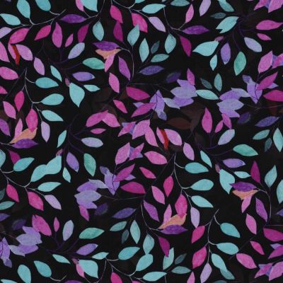 Tissu Viscose  Eloria feuilles Violettes sur fond Noir - Par 10 cm