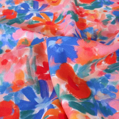 Tissu Viscose Digital imprimé Fleurs aquarelles sur fond Rose - Par 10 cm