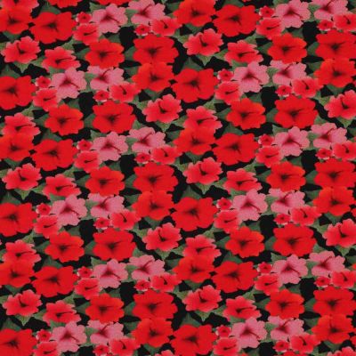 Tissu Polyviscose stretch fleurs Carmilla rouges sur fond Noir - Par 10 cm