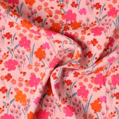 Tissu Ecovero Jardin Mystique fleurs Roses sur fond Pêche - Par 10 cm