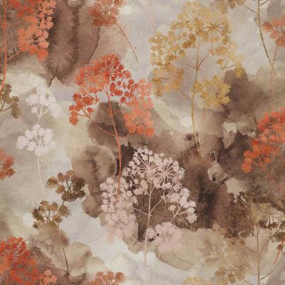 Tissu Toile de Coton Canvas feuillage Ombelle sur fond Brun - Par 10 cm