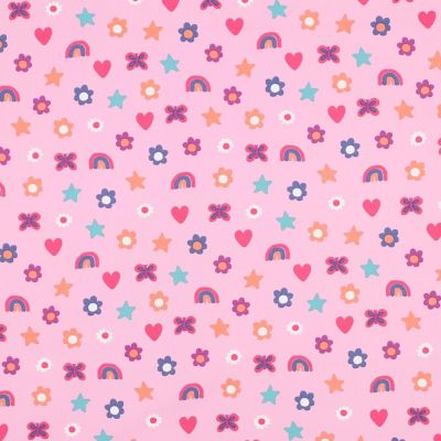 Tissu popeline de Coton  Rainbow sur fond Rose clair - Par 10 cm