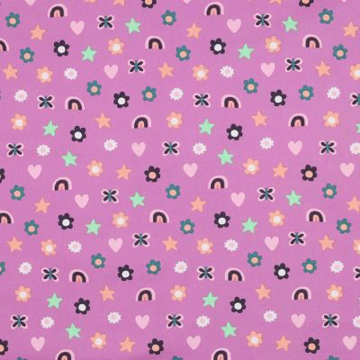 Tissu popeline de Coton  Rainbow sur fond Violet - Par 10 cm