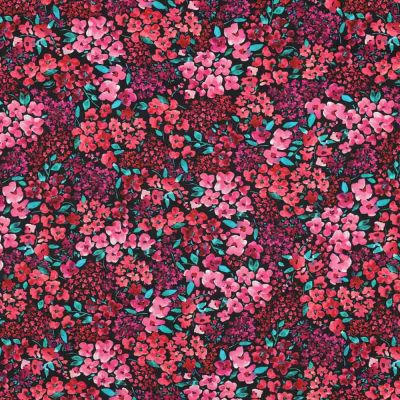 Tissu Popeline de Coton  fleurs Cléophée rouges sur fond Noir - Par 10 cm