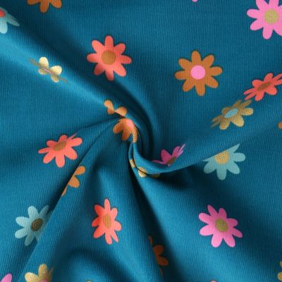 Tissu Jersey Bord Côte Yasmine fleurs Dorées sur fond Bleu canard - Par 10 cm