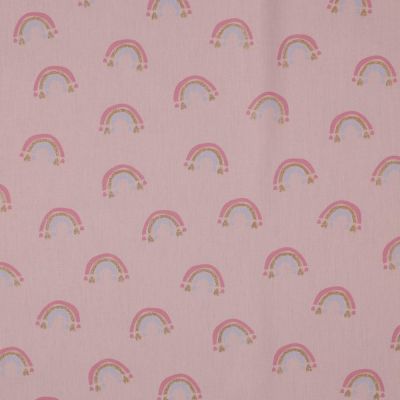 Tissu Popeline de Coton Poppy LittleBird Arc-en-ciel doré sur fond Rose - Par 10 cm