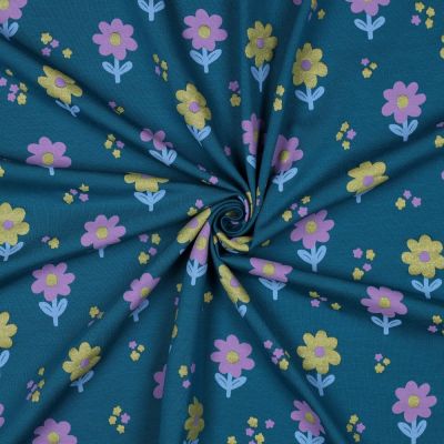 Tissu Jersey Coton imprimé Fleurs pailletées Vert et parme sur fond Bleu canard - Par 10 cm