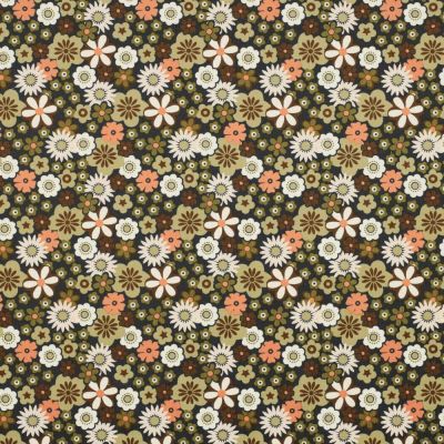 Tissu Velours milleraies imprimé Fleurs Lou sur fond Vert kaki - Par 10 cm