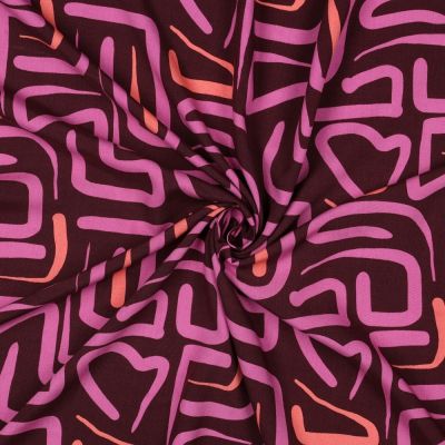 Tissu Viscose imprimé motifs abstraits Rose et Corail sur fond Bordeaux foncé - Par 10 cm
