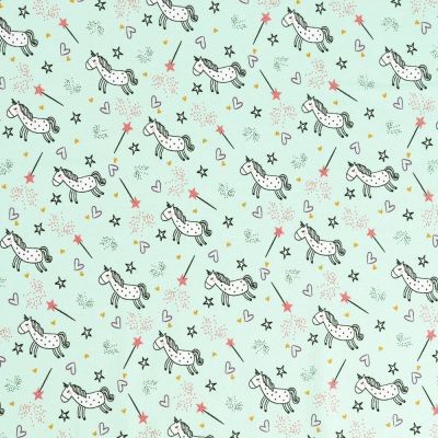 Tissu Jersey Coton Licornes et baguettes magiques Blanches et roses sur fond Vert Menthe - Par 10 cm