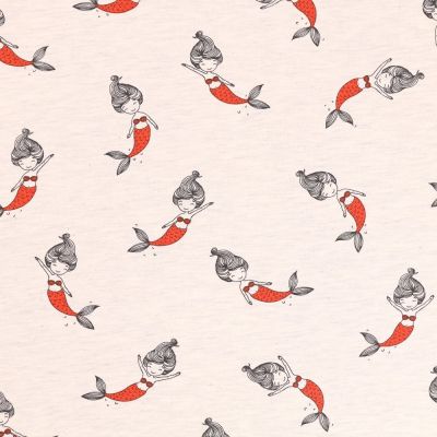 Tissu Jersey Coton Sirènes Rouges et grises sur fond Ecru chiné - Par 10 cm
