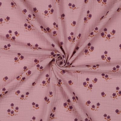 Tissu Double gaze de Coton petites fleurs sur fond Vieux rose - Par 10 cm