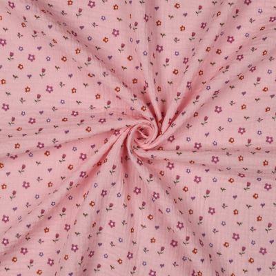 Tissu Double gaze de Coton digital petites fleurs Rouges sur fond Rose clair - Par 10 cm