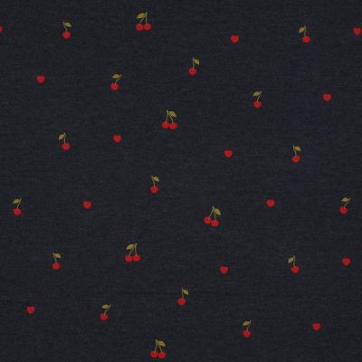 Tissu Jersey Polycoton Cherry baby sur fond Bleu marine - Par 10 cm