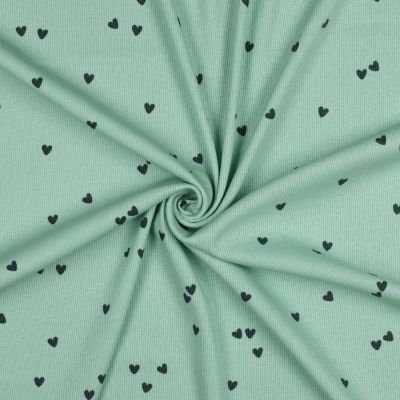 Tissu Jersey Coton côtelé petits coeurs Bleu marine sur fond Vert menthe - Par 10 cm