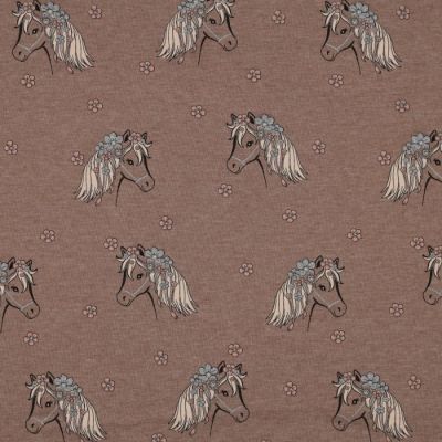 Tissu Sweat léger  Licornes fleurs sur fond Beige chiné - Par 10 cm