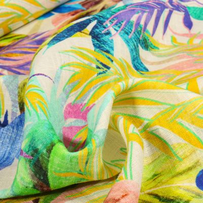 Tissu Viscose Lin Tropica sur fond Ecru - Par 10 cm