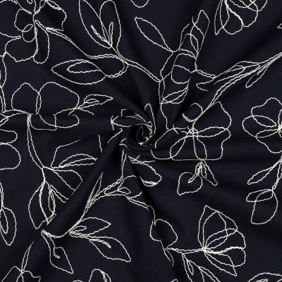Tissu Lin Viscose Fines fleurs brodées sur fond Bleu marine - Par 10 cm