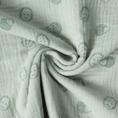 Tissu Double Gaze de Coton Poppy petits Hérissons sur fond Vert pastel - Par 10 cm