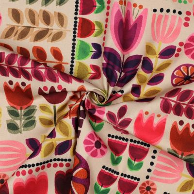 Tissu Nappe imperméable digital Fleurs sur fond Ecru - Par 10 cm