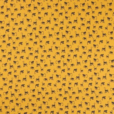 Tissu Satin imprimé Singes marron foncé sur fond Moutarde - Par 10 cm