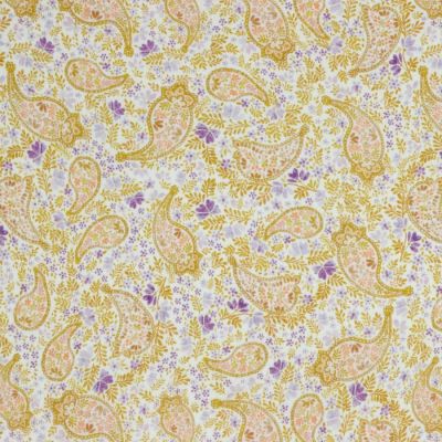 Tissu Double gaze de Coton Paisley fleuris jaune sur fond Blanc - Par 10 cm