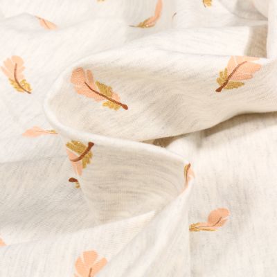 Tissu Jersey Coton Plumes pailletées sur fond Blanc chiné - Par 10 cm
