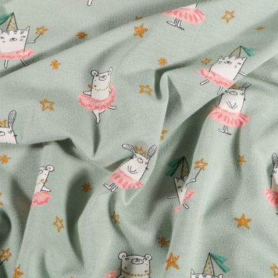 Tissu Jersey Coton Animaux ballerina sur fond Vert d&#039;eau - Par 10 cm