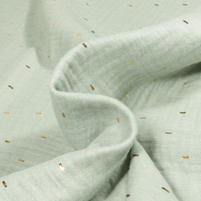 Tissu Double gaze Confettis rectangulaires dorés sur fond Vert amande - Par 10 cm