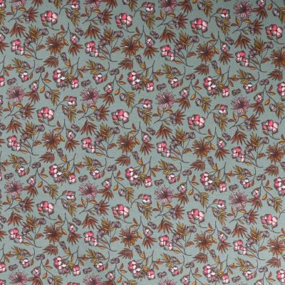 Tissu Jersey Modal Feuilles et fleurs sur fond Vert d&#039;eau - Par 10 cm