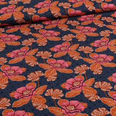 Tissu Coton imprimé Fleurs et cercles sur fond Noir - Par 10 cm