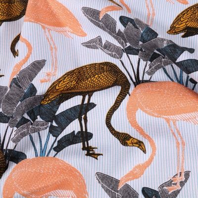 Tissu Toile de coton Flamants saumon et jaune sur fond Blanc cassé - Par 10 cm