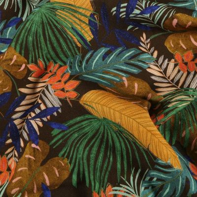 Tissu Toile de coton Feuilles de palmier sur fond Marron - Par 10 cm