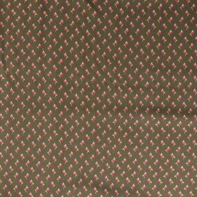 Tissu Viscose  Petites fleurs rouge et doré sur fond Vert kaki - Par 10 cm