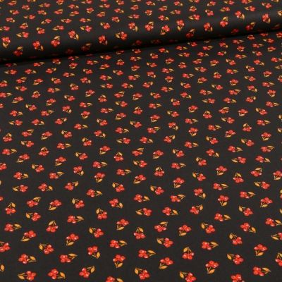 Tissu Coton imprimé Bio Petites fleurs rouge sur fond Noir - Par 10 cm