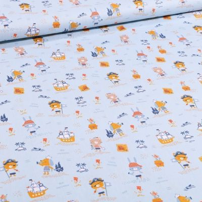 Tissu Coton imprimé Bio Animaux pirates sur fond Bleu - Par 10 cm