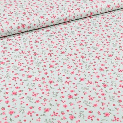 Tissu Coton imprimé Bio Fleurs sur fond Vert menthe - Par 10 cm