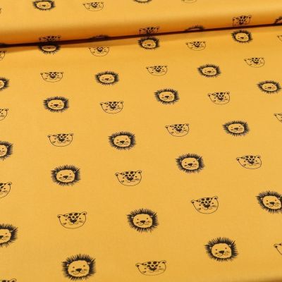 Tissu Coton imprimé Bio Têtes d&#039;animaux sur fond Jaune curry - Par 10 cm