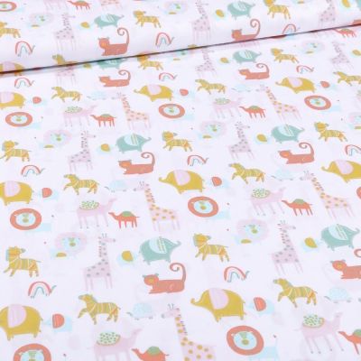 Tissu Coton imprimé Bio Animaux de la savane sur fond Blanc - Par 10 cm