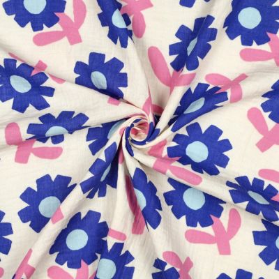 Tissu Double gaze de Coton Bio Jennifer Bouron fleurs Bleu sur fond Ecru - Par 10 cm