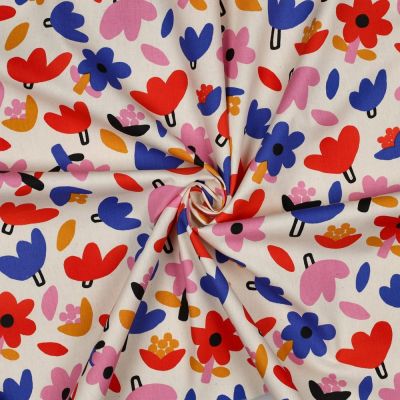 Tissu Popeline de Coton Bio Jennifer Bouron fleurs bleu et rouges sur fond Ecru - Par 10 cm