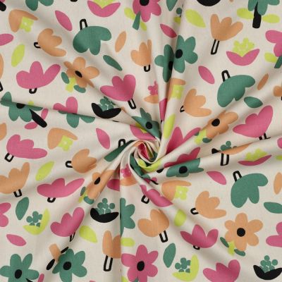 Tissu Popeline de Coton Bio Jennifer Bouron fleurs sur fond Ecru - Par 10 cm