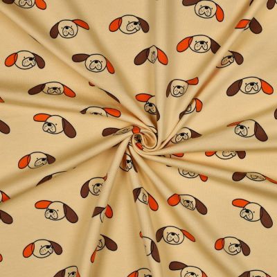 Tissu Sweat léger Bio Jennifer Bouron chiens Orange et Marron sur fond Beige sable - Par 10 cm