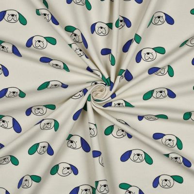 Tissu Sweat léger Bio Jennifer Bouron chiens Bleu et Vert sur fond Ecru - Par 10 cm
