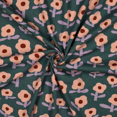 Tissu Jersey cotêlé Bio Jennifer Bouron fleurs Saumon sur fond Vert foncé - Par 10 cm