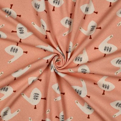 Tissu Jersey cotêlé Bio Jennifer Bouron oies sur fond Rose saumon - Par 10 cm