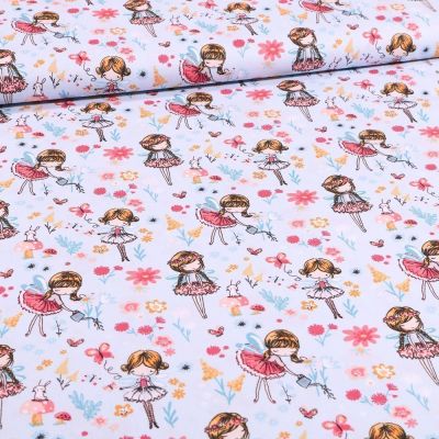 Tissu Coton imprimé Danseuses et pâquerettes sur fond Bleu ciel - Par 10 cm
