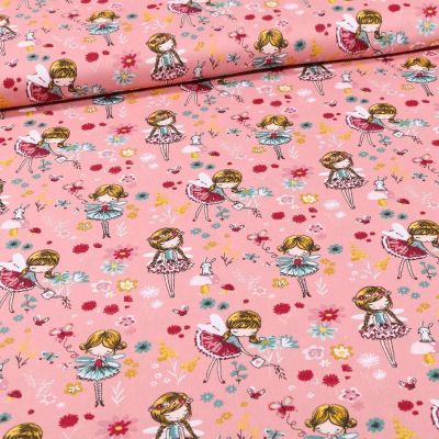 Tissu Coton imprimé Danseuses et pâquerettes sur fond Rose - Par 10 cm