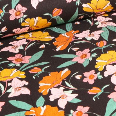 Tissu Viscose Twill extensible Fleurs pastels sur fond Noir - Par 10 cm